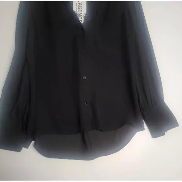 NWT L'Agence Black V-Neck Blouse Long Sleeve Lace Hi Low Hem XSmall